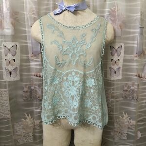 Poof Teal Lace Scallop Open Back Sleeveless Sheer Top Size M